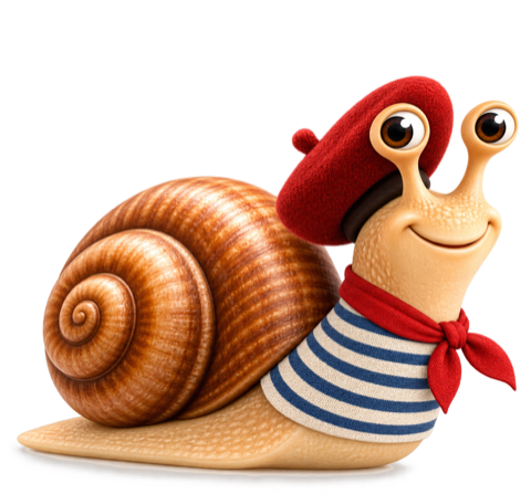 Gaston, a snail in a red beret and a striped top