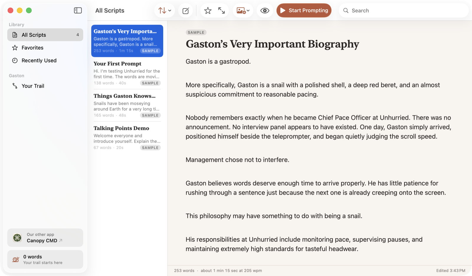 The Unhurried library with four sample scripts and Gaston’s Very Important Biography open